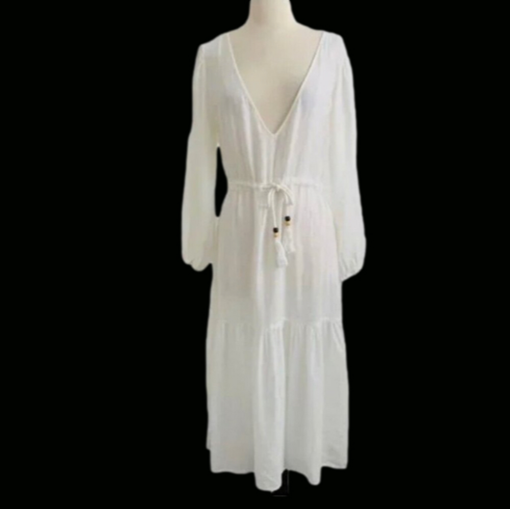 JOIE White Flowy Beach Midi Dress L Large Tassel V Washable Linen Blend